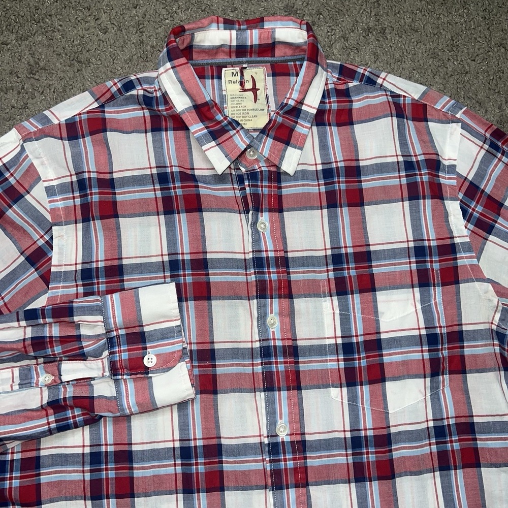 Relwen Shirt Men Medium Airtex Madras Lightweight Woven  Button Down Long Sleeve